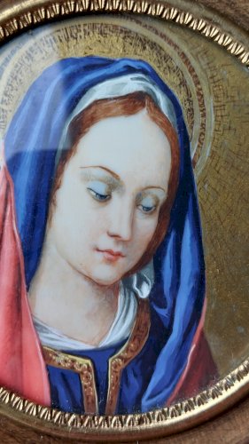 Ancien portrait miniature peint, Vierge Marie, XIXème
