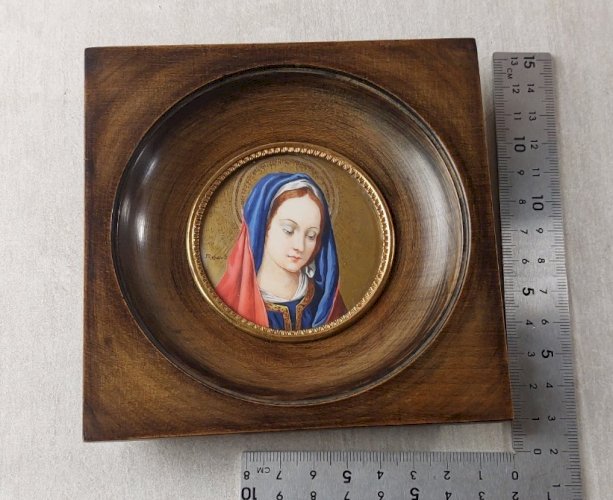 Ancien portrait miniature peint, Vierge Marie, XIXème