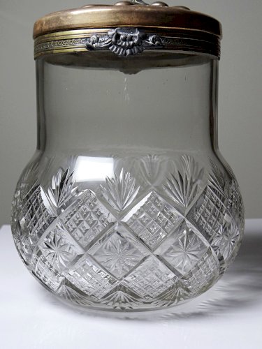 Ancien pot à biscuits style cristal taillé et métal