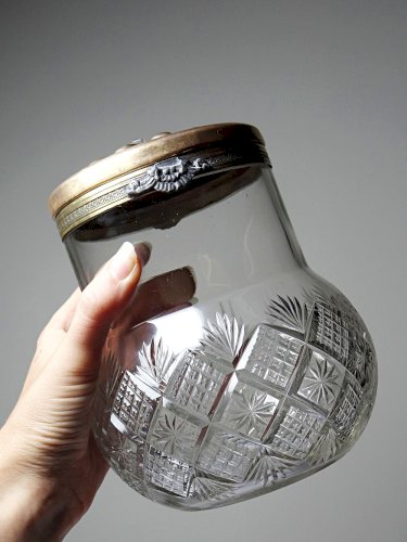 Ancien pot à biscuits style cristal taillé et métal