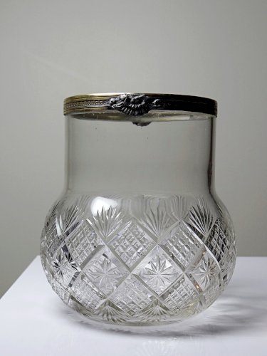 Ancien pot à biscuits style cristal taillé et métal