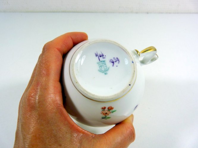 Ancien Pot à Crème Porcelaine Fine de Suisse Langenthal 1939 Décor Fleurs Or Fin