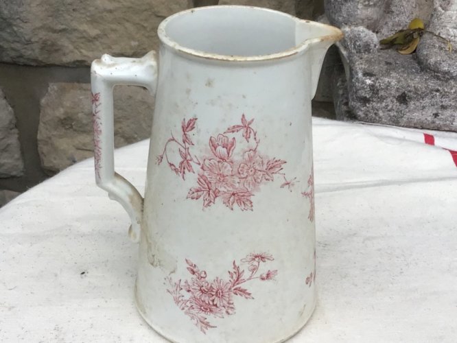 ANCIEN POT À EAU PICHET CRUCHE FAÏENCE XIXeme décor floral rose  H 19,5 cms