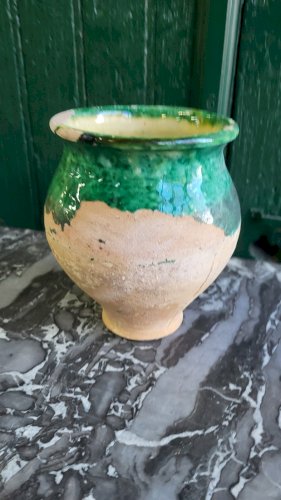 ANCIEN POT A GRAISSE EN TERRE VERNISSEE VERT N° 1