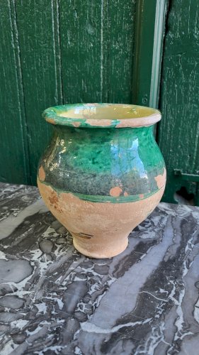 ANCIEN POT A GRAISSE EN TERRE VERNISSEE VERT N° 1