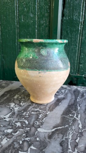 ANCIEN POT A GRAISSE EN TERRE VERNISSEE VERT N° 1
