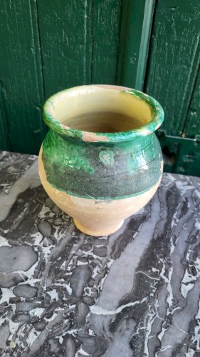 ANCIEN POT A GRAISSE EN TERRE VERNISSEE VERT N° 1