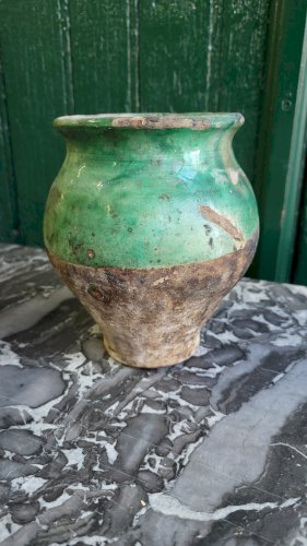 ANCIEN POT A GRAISSE EN TERRE VERNISSEE VERT N° 3