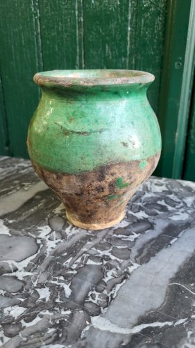 ANCIEN POT A GRAISSE EN TERRE VERNISSEE VERT N° 3