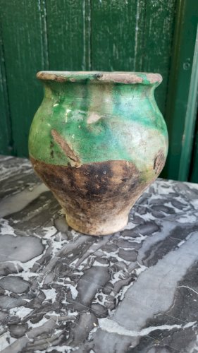 ANCIEN POT A GRAISSE EN TERRE VERNISSEE VERT N° 3