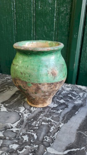 ANCIEN POT A GRAISSE EN TERRE VERNISSEE VERT N° 3