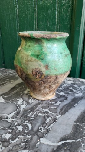 ANCIEN POT A GRAISSE EN TERRE VERNISSEE VERT N° 3