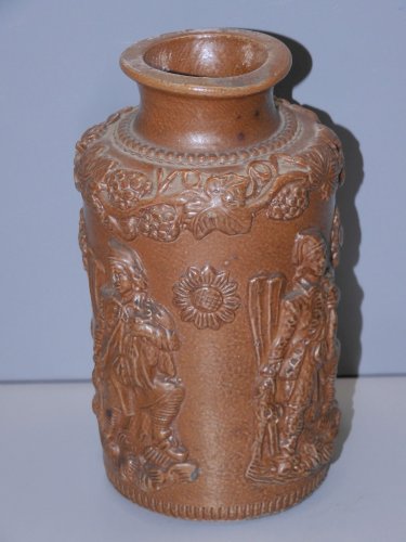 -ANCIEN POT A TABAC GRES de BEAUVAISIS PERSONNAGES en APPLIQUE FUMEUR VITRINE D