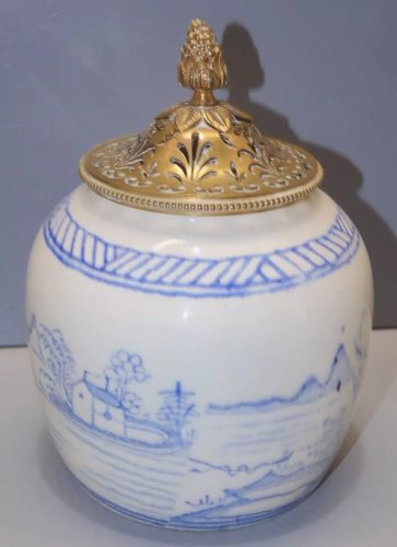 -ANCIEN POT Chinois à GINGEMBRE BLANC BLEU COUVERCLE LAITON Ajouré  D