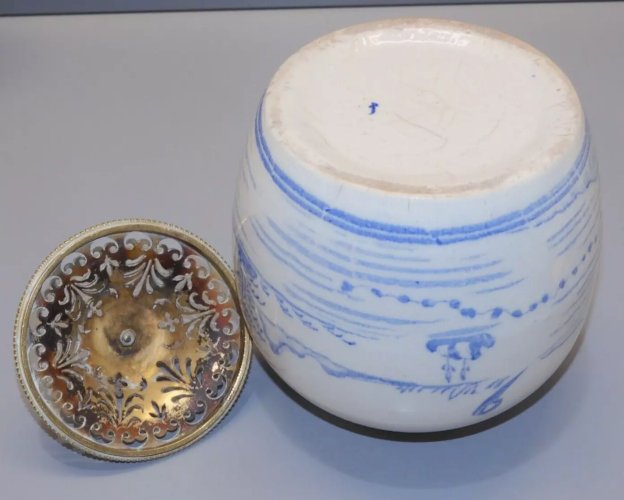 -ANCIEN POT Chinois à GINGEMBRE BLANC BLEU COUVERCLE LAITON Ajouré  D