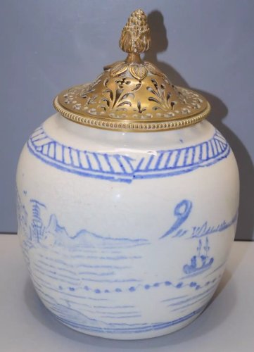 -ANCIEN POT Chinois à GINGEMBRE BLANC BLEU COUVERCLE LAITON Ajouré  D