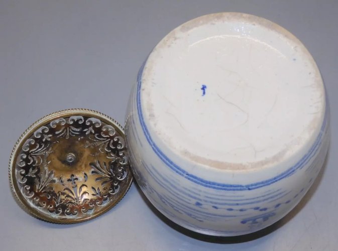-ANCIEN POT Chinois à GINGEMBRE BLANC BLEU COUVERCLE LAITON Ajouré  D