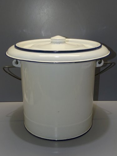- ANCIEN POT de CHAMBRE Tôle émaillée BLANC Bord bleu PETITES USURES déco   D