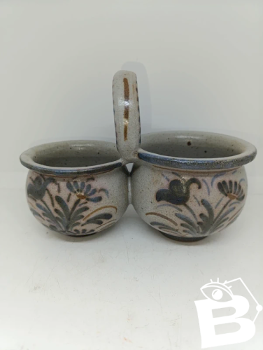 ancien pot double a decor floral breton signé keraluc en bon etat