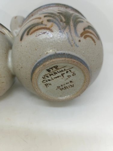 ancien pot double a decor floral breton signé keraluc en bon etat