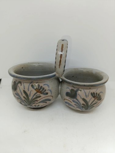 ancien pot double a decor floral breton signé keraluc en bon etat