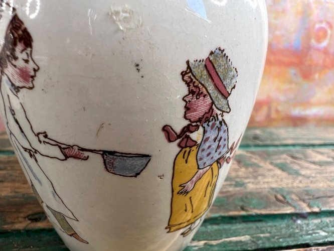 Ancien pot moutarde faïence Lunéville décor personnages XIXe Félix Potin