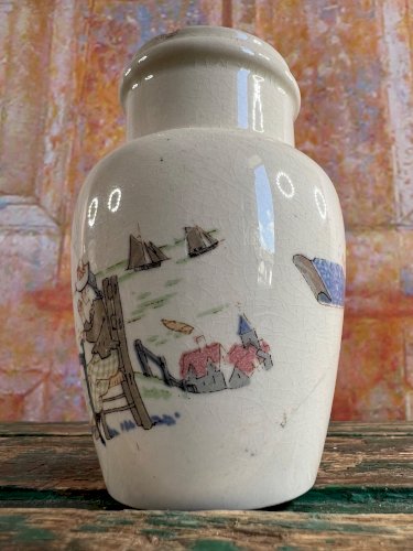 Ancien pot moutarde faïence Lunéville décor village XIXe Félix Potin