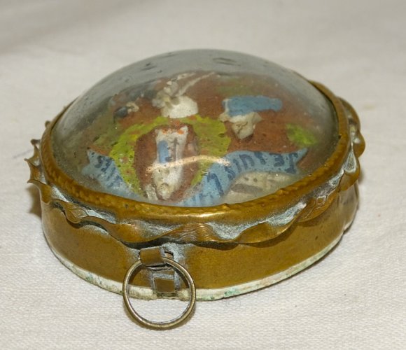 -ANCIEN RELIQUAIRE PLATRE GUERISON MIRACULEUSE JE SUIS L'IMMACULEE VERRE Bombé D