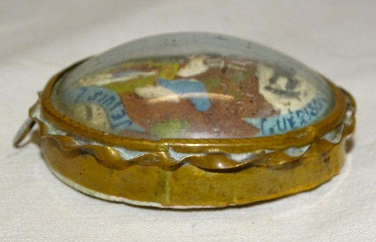 -ANCIEN RELIQUAIRE PLATRE GUERISON MIRACULEUSE JE SUIS L'IMMACULEE VERRE Bombé D