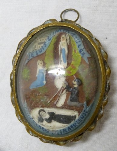 -ANCIEN RELIQUAIRE PLATRE GUERISON MIRACULEUSE JE SUIS L'IMMACULEE VERRE Bombé D