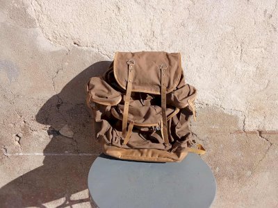 Vintage "Lafuma" backpack from the 1950s/60s, signed Lafuma. Made of thick canvas and leather.