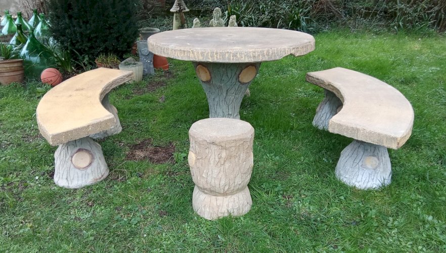 Ancien Salon Jardin 5 Pièces Extérieur Ciment Imitation Bois 2 Bancs Demi Lune