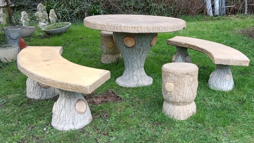 Ancien Salon Jardin 5 Pièces Extérieur Ciment Imitation Bois 2 Bancs Demi Lune