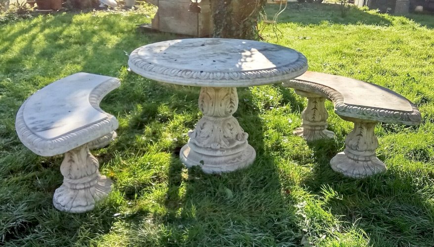 Ancien Salon Jardin Extérieur Ital Garden Table 2 Bancs Demi Lune Pierre 