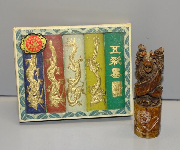 -ANCIEN SCEAU CHINOIS MARBRE 2 DRAGONS 5 BATONS de CIRE de COULEUR COLLECTION  D