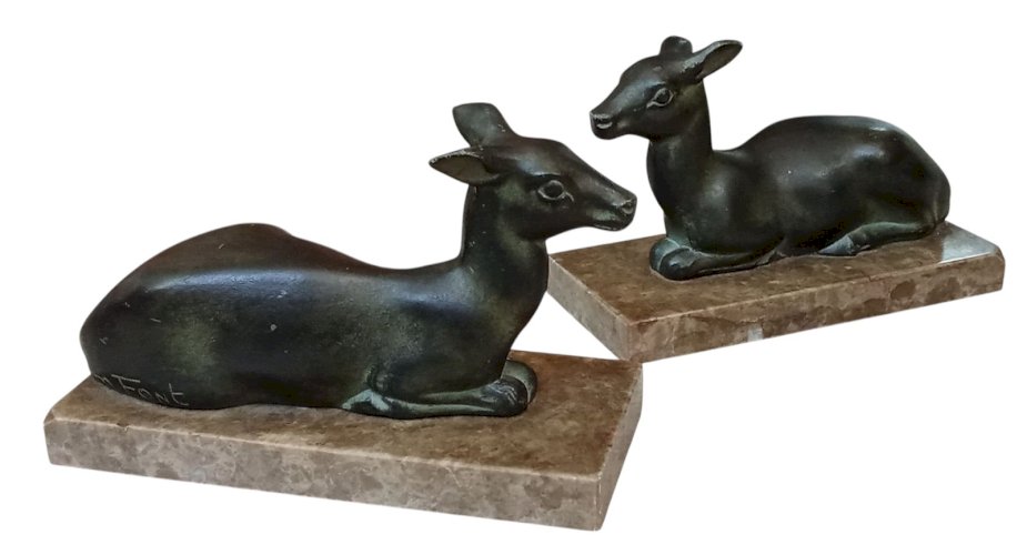 Ancien Serre Livre Biche Régule Marbre M Font Old Deer marble bookend