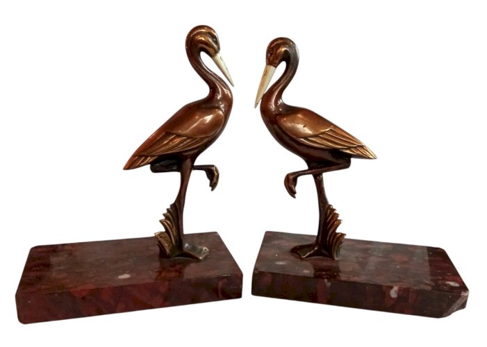 Ancien Serre Livre Héron Gual Bronze  Marbre Art Déco Old bronze marble bookend