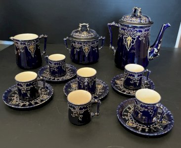 antique blue coffee set with pearl decoration and gold embellishments HB Choisy le Roi 9 pieces