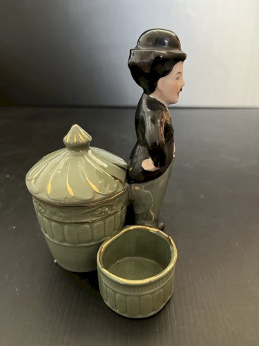ancien service à condiments porcelaine déco CHAPLIN vintage 1900  humour cinéma