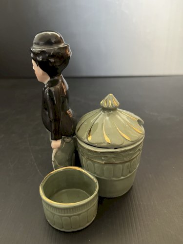 ancien service à condiments porcelaine déco CHAPLIN vintage 1900  humour cinéma