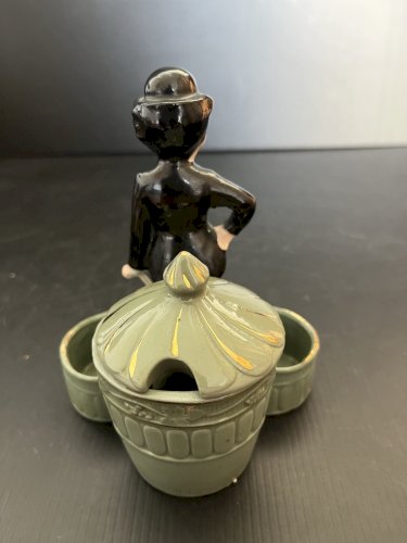 ancien service à condiments porcelaine déco CHAPLIN vintage 1900  humour cinéma