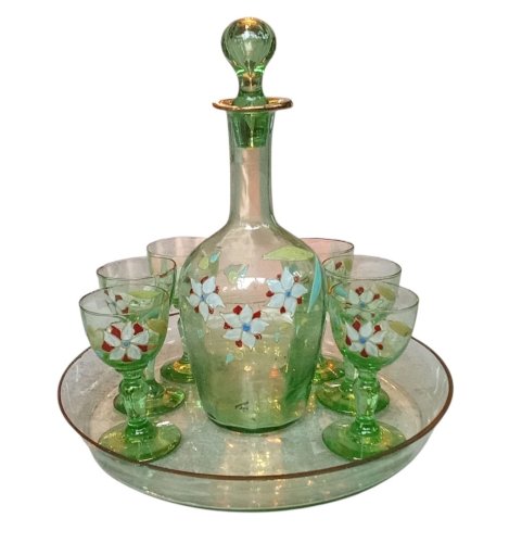 Ancien Service À Liqueur Carafon Verre Soufflé Décor Emaillé Art De La Table