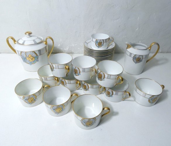 ancien service café thé Limoges Ribes porcelaine or argent nacre irisé Art Déco