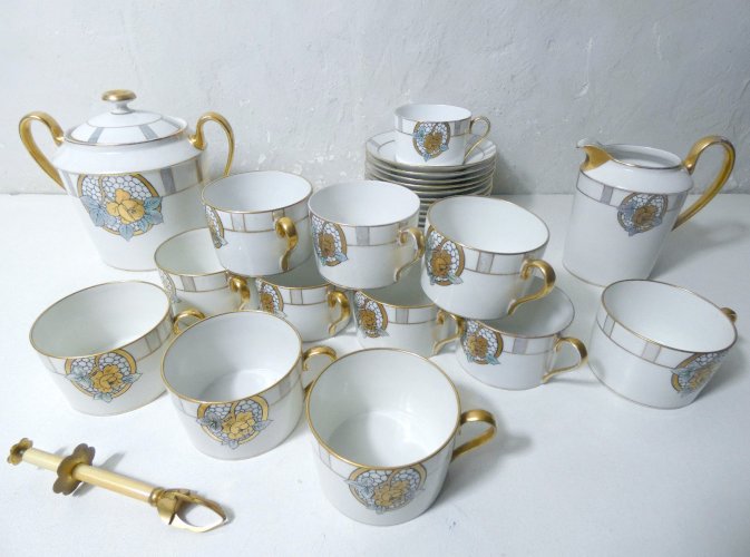 ancien service café thé Limoges Ribes porcelaine or argent nacre irisé Art Déco