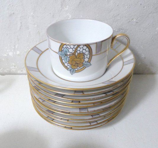 ancien service café thé Limoges Ribes porcelaine or argent nacre irisé Art Déco