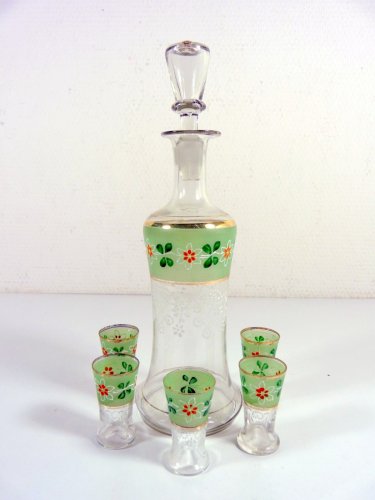 Ancien service porto à carafe & cinq verres en verre peint décor fleurs & perles
