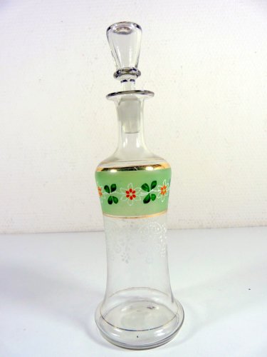 Ancien service porto à carafe & cinq verres en verre peint décor fleurs & perles