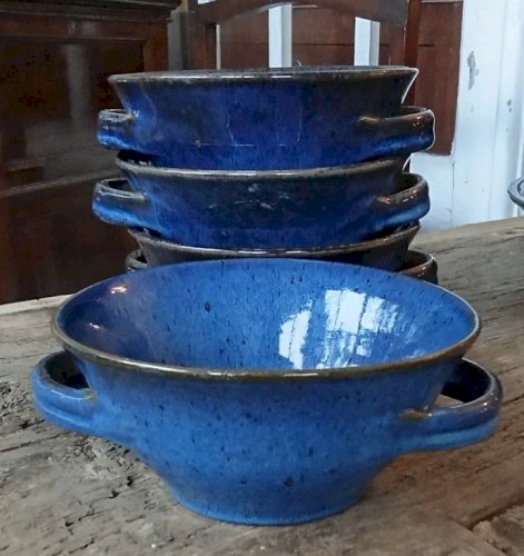 Ancien Service Vaisselle Grès Émaillé Bleu  Art De La Table Vintage 10 Pièces