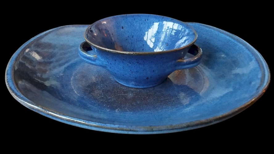 Ancien Service Vaisselle Grès Émaillé Bleu  Art De La Table Vintage 10 Pièces