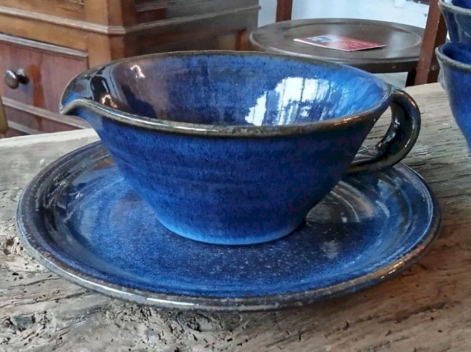 Ancien Service Vaisselle Grès Émaillé Bleu  Art De La Table Vintage 10 Pièces